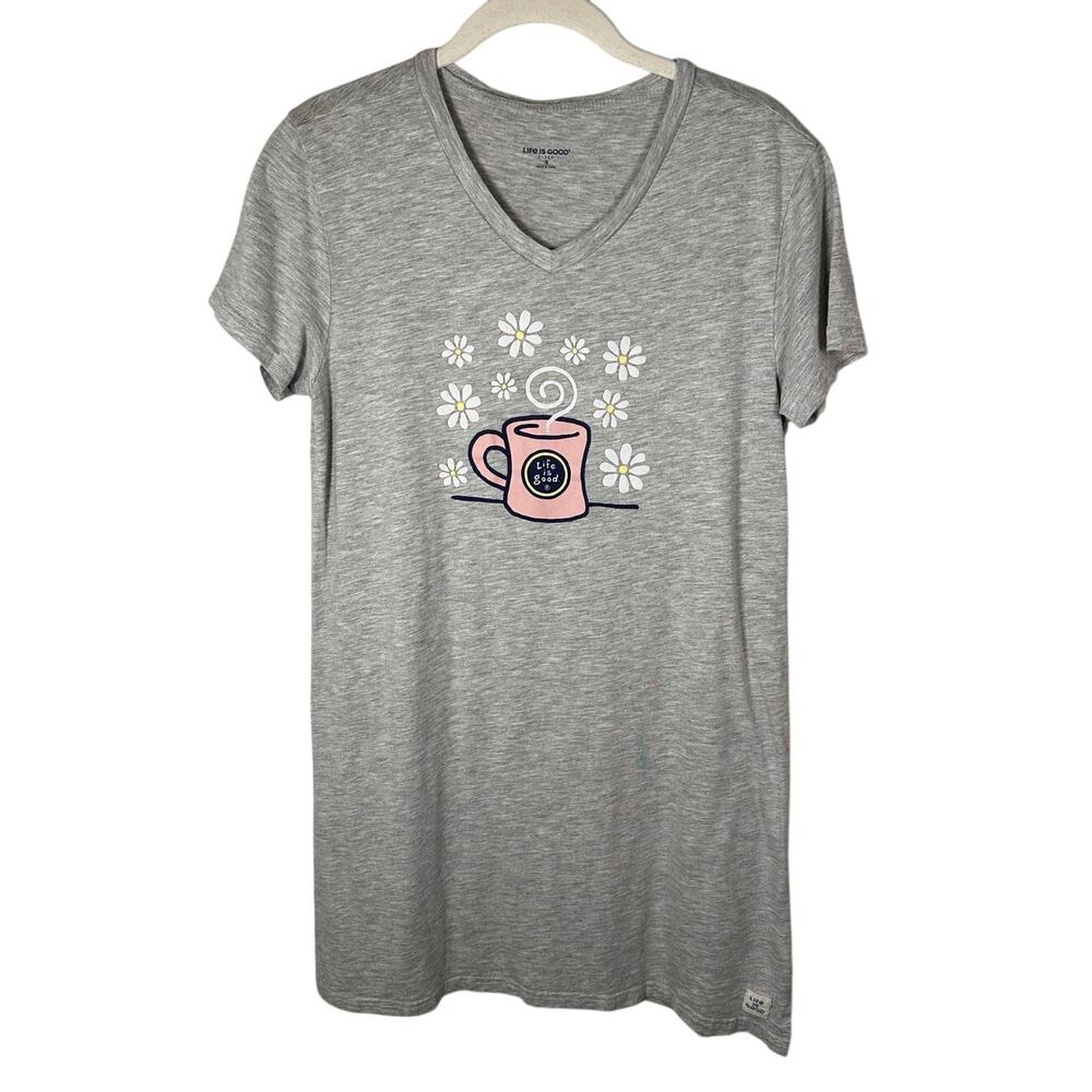 Life Is Good Sleep Gray Coffee Mug Graphic Cotton Blend Nightgown Women's Small